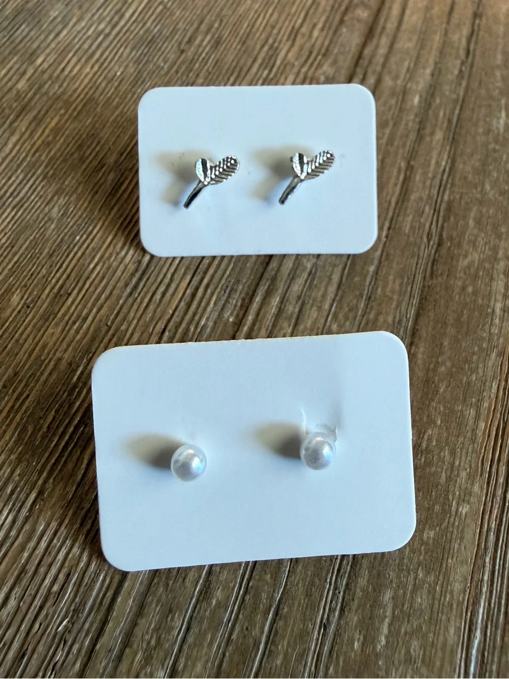 Silver Leaf and Pearl Stud Earring Set - 2 pairs total